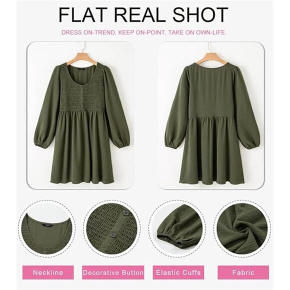 Women's 2024 Casual Smocked Crewneck Button-Up Long Sleeve Mini Dress, Green - Picture 3 of 6